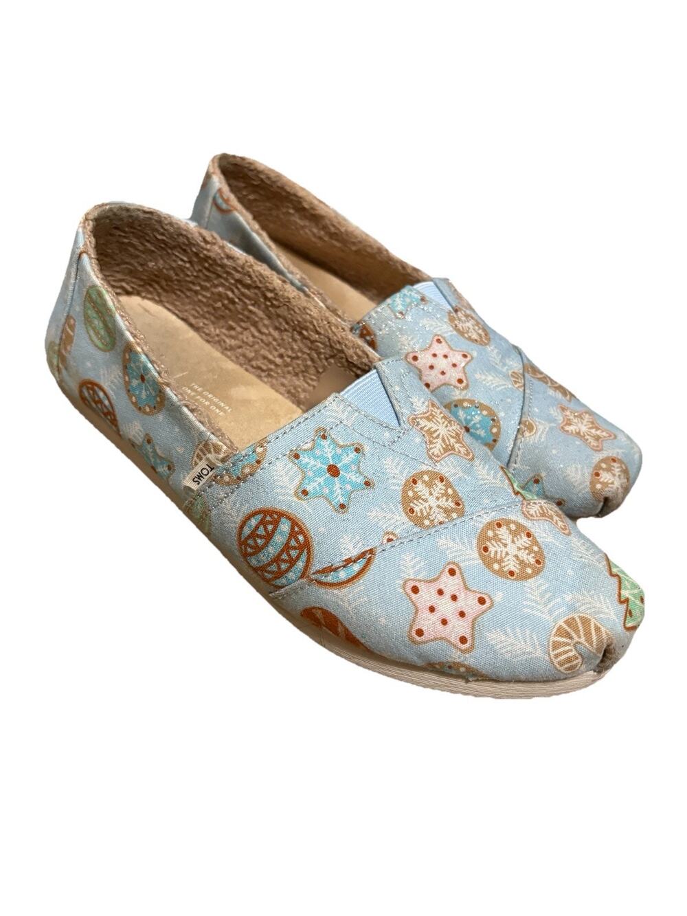 TOMS Blue Glitter Sugar Cookies Faux Shearling Women Shoe Size 7.5 Christmas